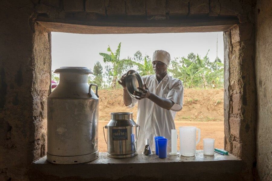 man inspects jug of milk