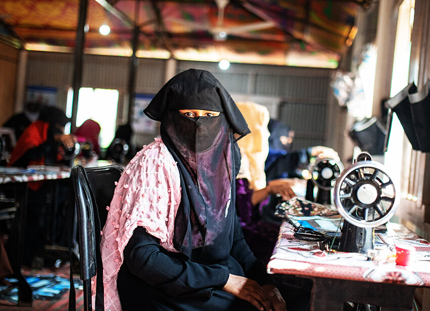 Rohingya women sew products from upcycled packaging in Cox's Bazar refugee camp