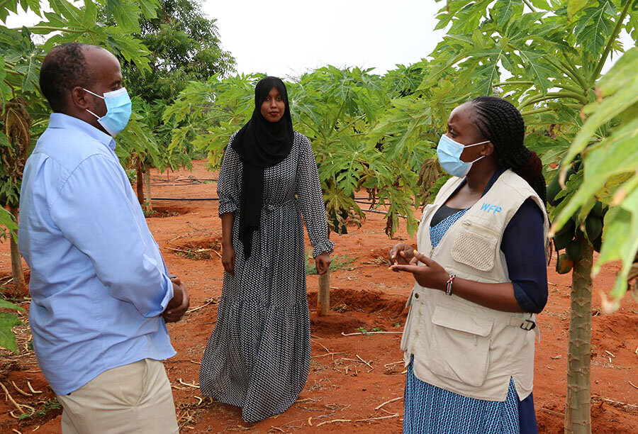 woman and man in COVID health masks talk on farm