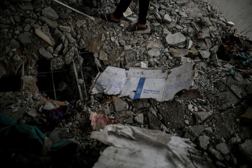 WFP food parcel among rubble in Gaza