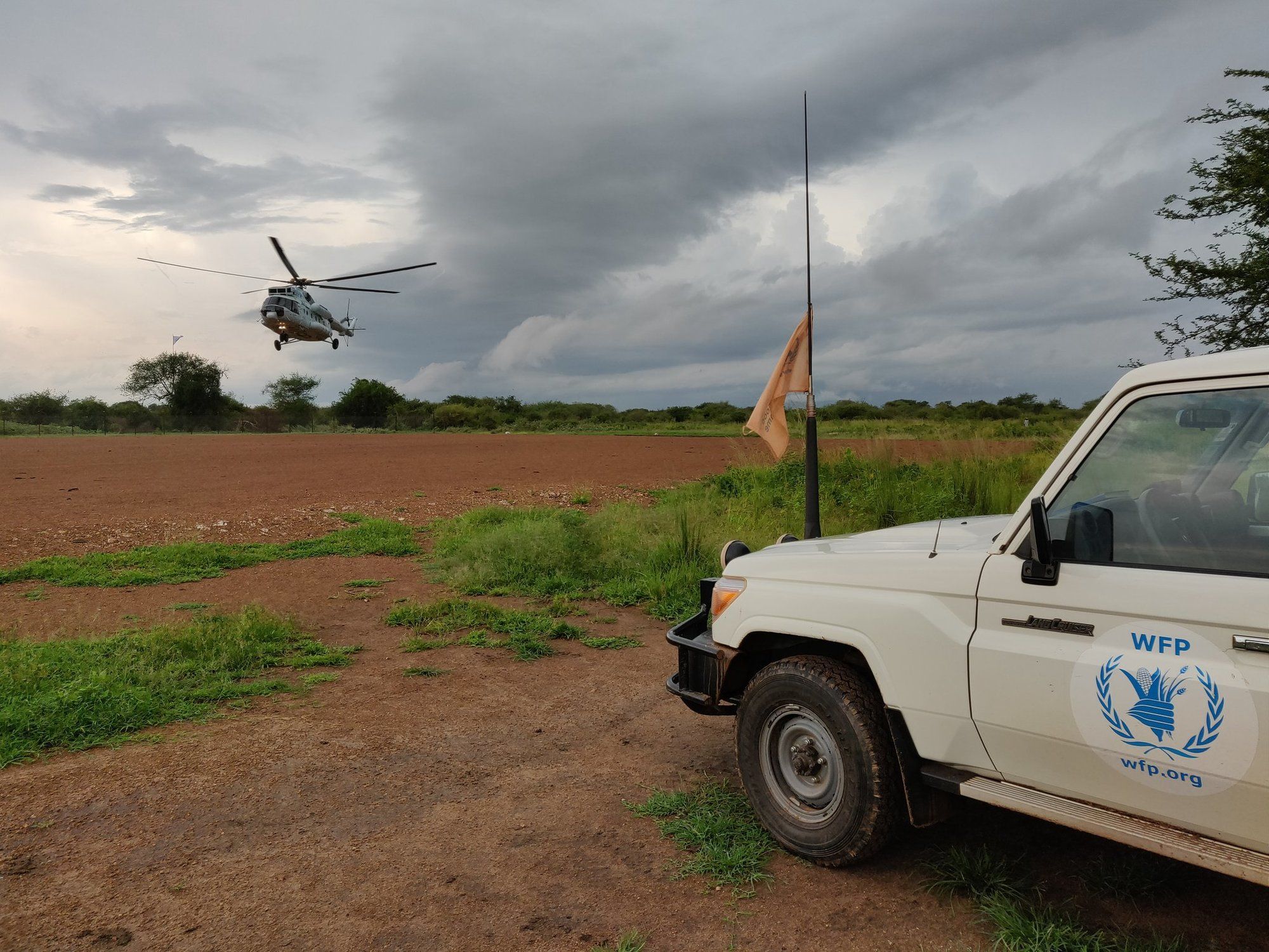 A helicopter of the United Nations Humanitarian Air Service takes off.
