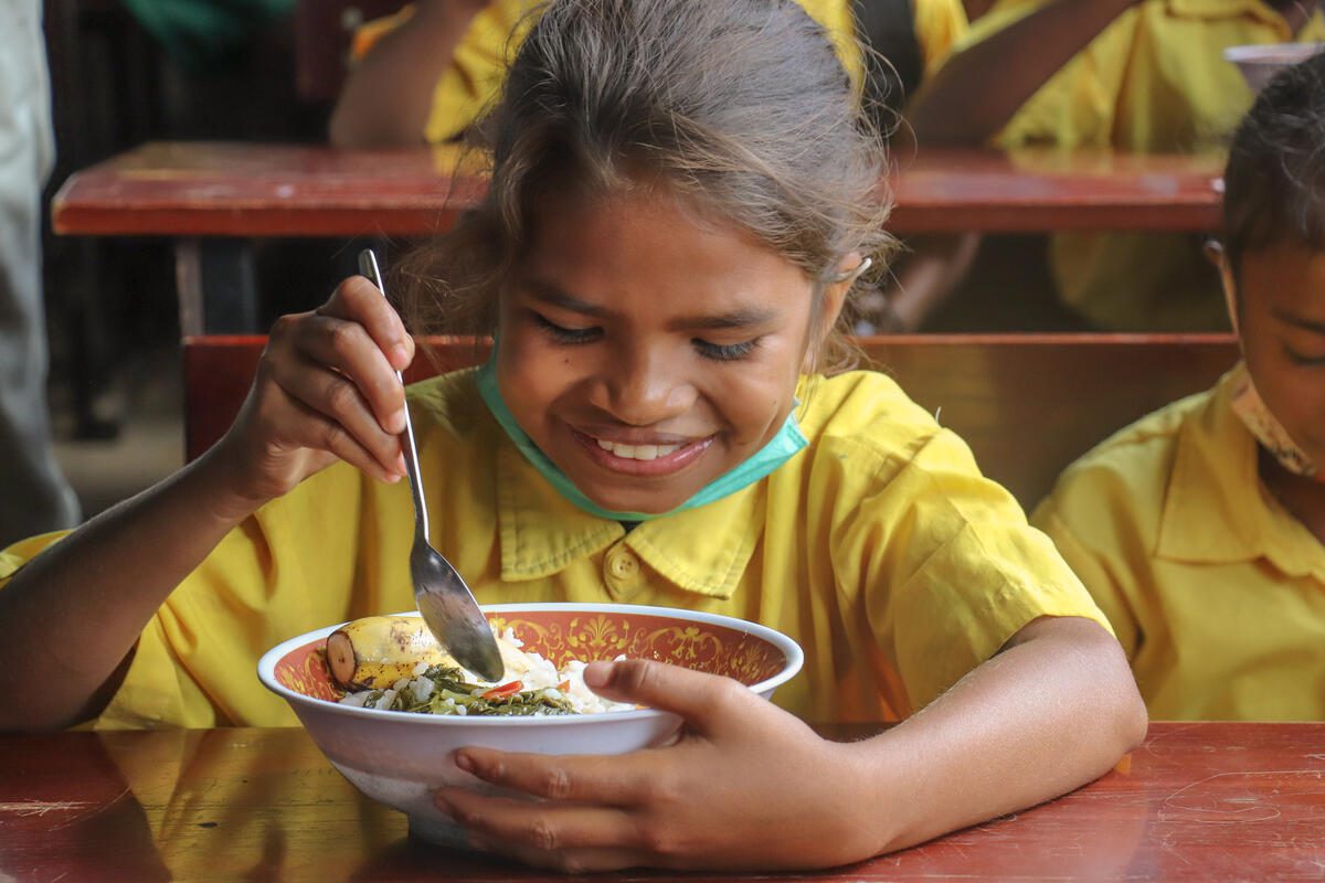 Timor-Leste, 13 August 2020

In the photo: a school girl from Escola Filial Basica (EBF) Leilaus enjoying her school meal during lunch break.