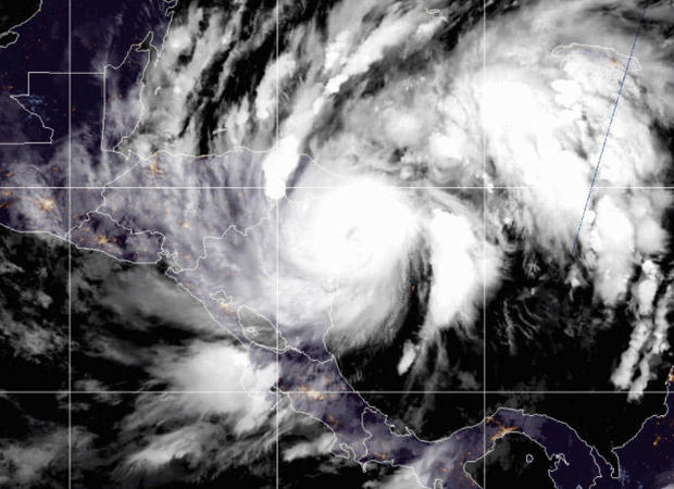 A satellite image of Hurricane Eta
