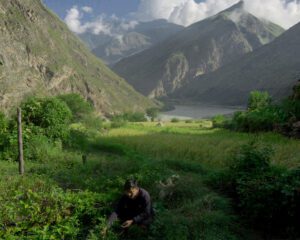 green mountains and fisherman walking