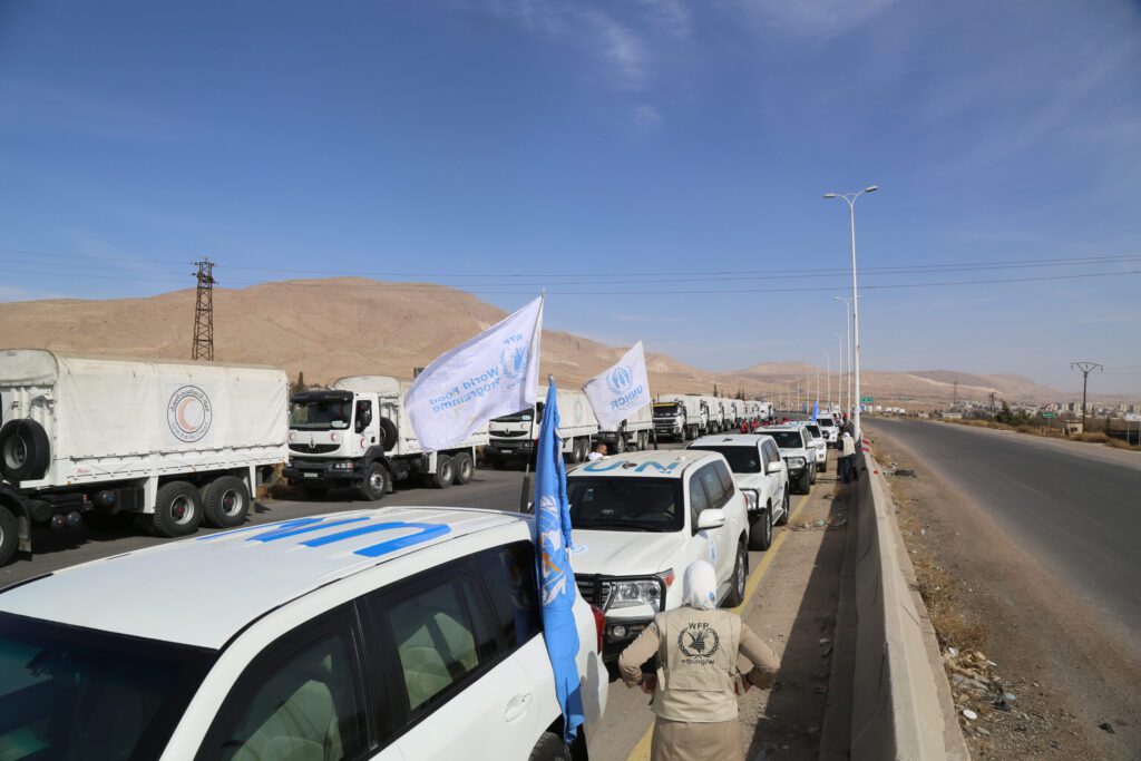 A UN humanitarian convoy carrying food and medicine reaches Eastern Ghouta in November 2017.