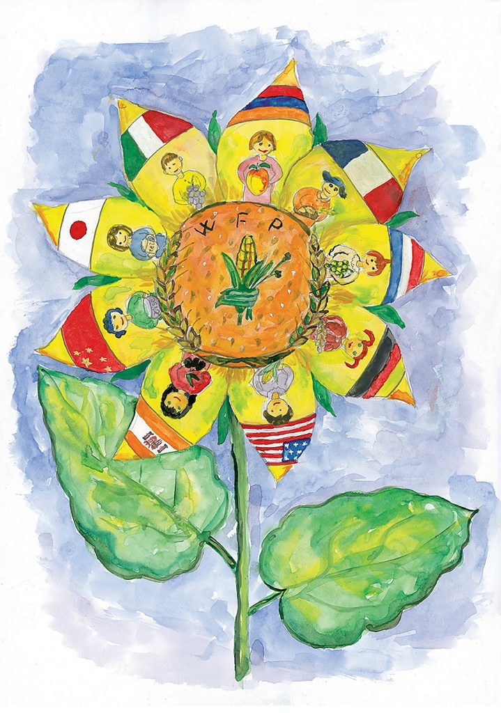 Zhenya Movsisyan, a 9-year-old in Armenia, depicts some of the countries that support WFP — Germany, Japan, the United States of America, among others — as petals on a sunflower with the ultimate global goal in the center: Nutritious food for all
