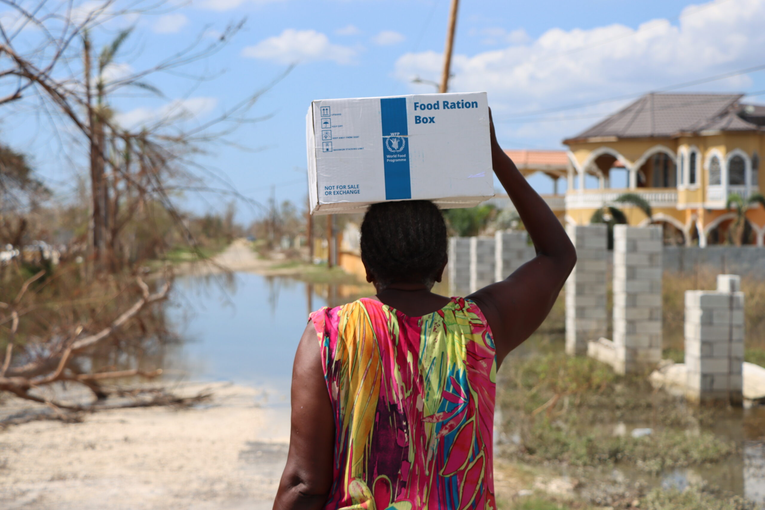 Woman carries WFP food box